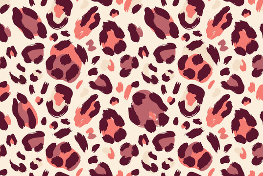 Pink leopard seamless pattern with burgundy animal spots coral accents and expressive brush textures on cream background