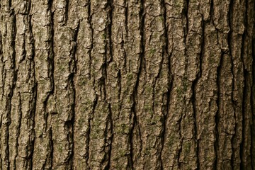 Fototapeta premium Close-up detail of rough tree bark texture with vertical grooves and natural moss accents on a forest plant surface background in warm light. Ai generative