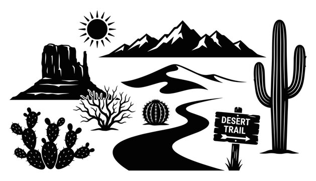 Desert Trail Illustration with Mountains, Cacti, and a Sign in Black and White Featuring Sun, Landscape, Nature with Vector