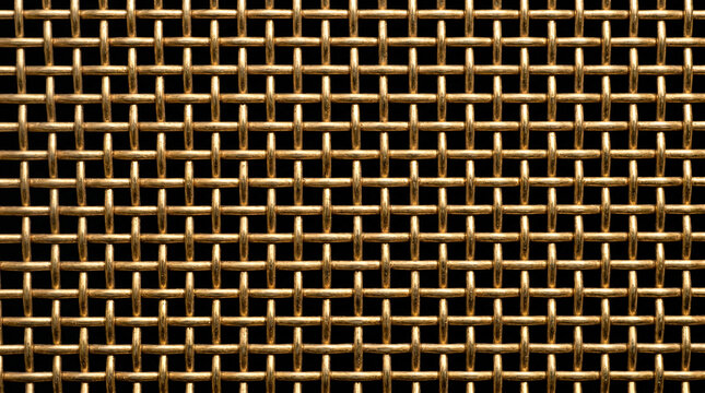 Close-up of woven brass wire mesh with a regular geometric grid pattern, shiny golden metallic grille background for loudspeaker, industrial, or architectural design
