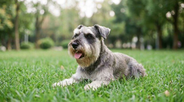 Adorable Miniature Schnauzer Dog Relaxing on Lush Green Grass in a Park.