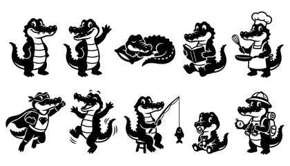 Fototapeta premium Alligators in Various Professions and Activities Illustrated in Black and White Featuring Alligator, Cartoon, Illustration