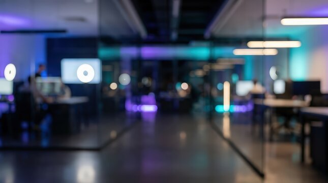 Blurred modern office background neon lights teal purple glow tech workspace coworking space corporate digital futuristic interior design dark