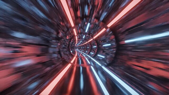 Futuristic Tunnel with Red and Blue Lights - A dynamic, futuristic tunnel illuminated by parallel rows of vibrant red and blue lights, creating a captivating sense of motion and depth.