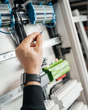 smart home, wiring in the electrical box, close-up of a wire 