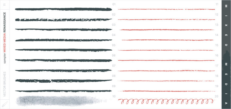 Vector Brushes. Mixed Media Sampler Set. Renaissance. Charcoal & Sanguine Pencil.