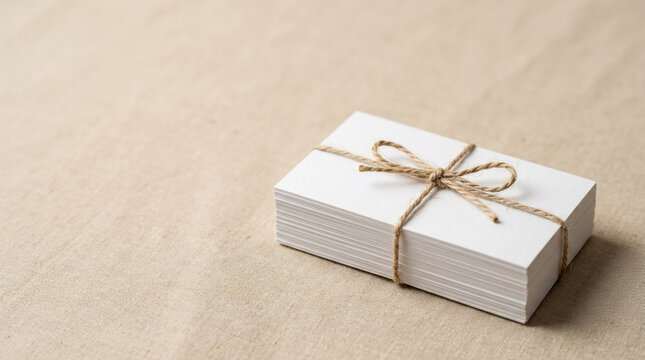 Stack of Blank White Business Cards Tied with Rustic Twine String on Textured Brown Craft Paper Background for Professional Branding Presentation