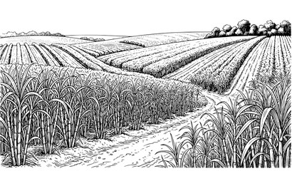 Hand Drawn Sugar Cane Plantation Vector with Vintage Black and White Farm Sketch © MDNOYON