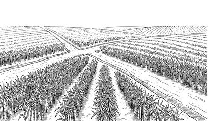 Black and White Sugar Cane Plantation Sketch Vector Illustration © MDNOYON