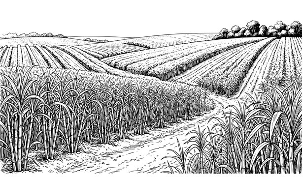 Hand Drawn Sugar Cane Plantation Vector with Vintage Black and White Farm Sketch