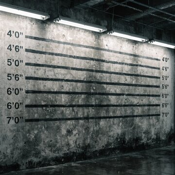 A dark mugshot background wall with height measurement scale