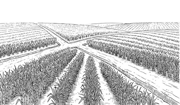 Black and White Sugar Cane Plantation Sketch Vector Illustration