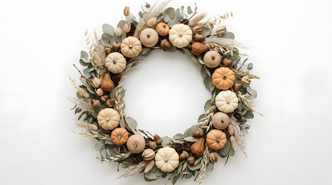 Autumn wreath with pumpkins, eucalyptus, and pinecones isolated on white background