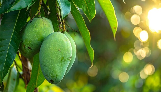 Green mangoes hanging on a leafy tree branch, natural tropical garden background with soft bokeh