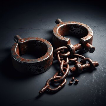 Heavy, weathered iron shackles lying abandoned on a dark, textured surface, representing involuntary servitude and confinement, lock, bondage, forgotten