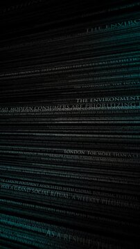 A stylized vertical design featuring layers of glowing news articles moving vertically, built for news headlines background text presentations.