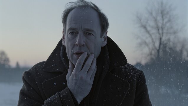 Close-up portrait of a thoughtful man in a winter coat