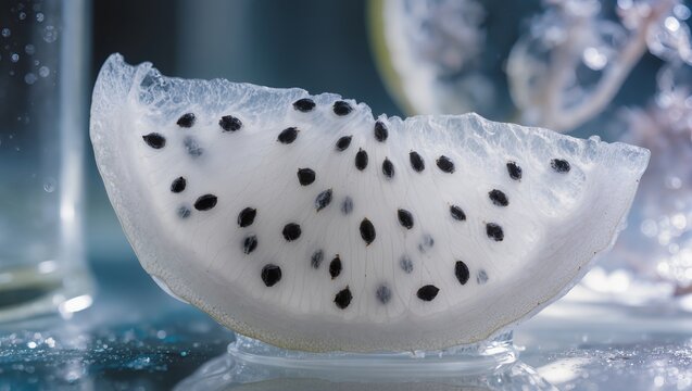 Close-up of fresh dragon fruit flesh with black seeds