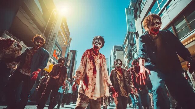 Japanese zombies walking on a street
