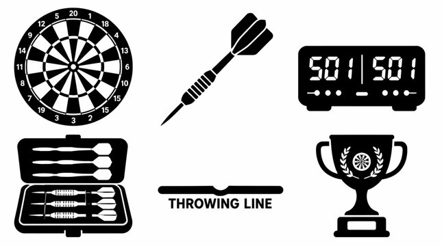 Darts Game Icons Set with Board and Trophy