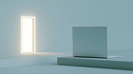 Fototapeta premium Minimalist laptop with glowing door background