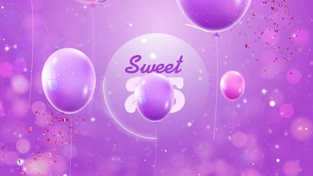 Sweet 25 Birthday Celebration Typography Template with Floating Purple Balloons and Glitter Bokeh