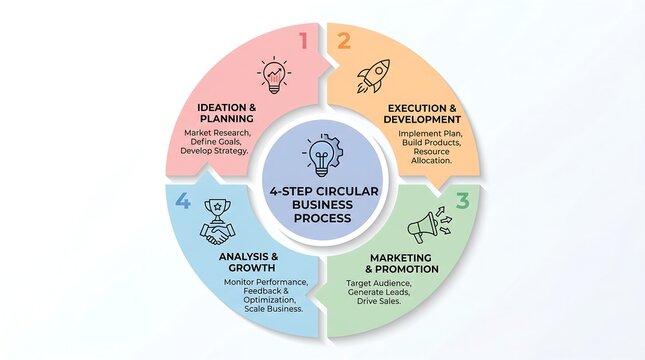 A professional circular business process infographic featuring 4 distinct steps: Ideation & Planning, Execution & Development, Marketing & Promotion, and Analysis & Growth