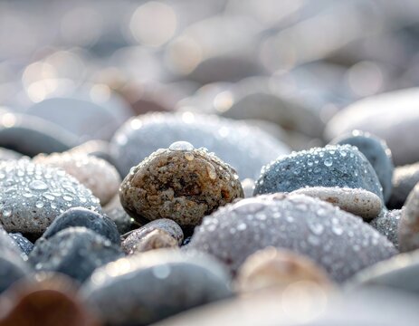 Close-up of smooth, wet pebbles glistening with light, soft bokeh background