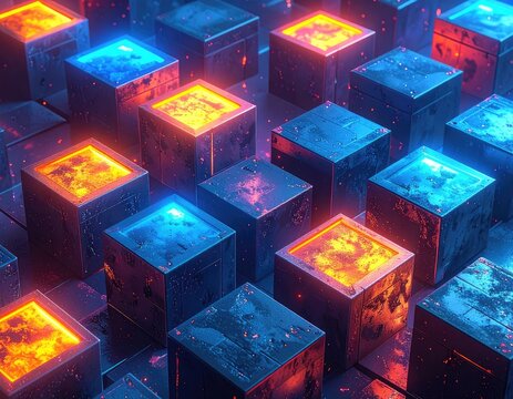 Illuminated cubes in a dark, textured grid, pulsating with fiery orange and cool blue light