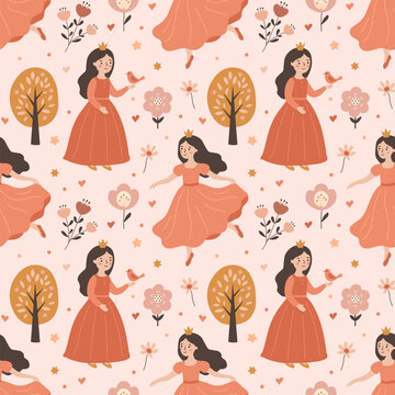 Princess seamless pattern featuring dancing fairytale queen character with songbird and autumn forest trees on pink background for nursery room wallpaper and fabric textile prints
