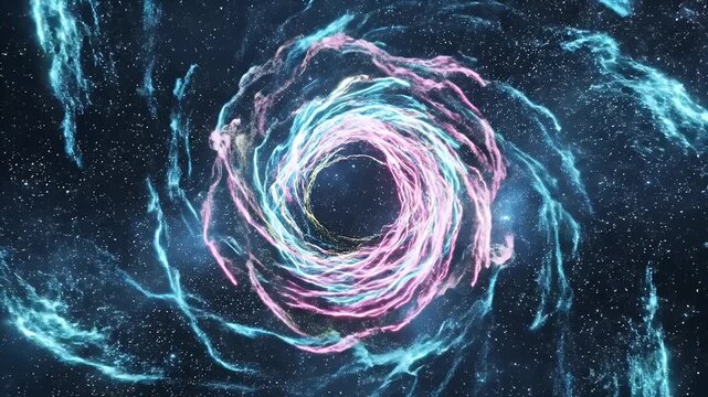 Swirling Neon Light Vortex in Starry Space - A mesmerizing view of swirling neon light trails forming a vortex against a dark blue background filled with speckles resembling distant stars.
