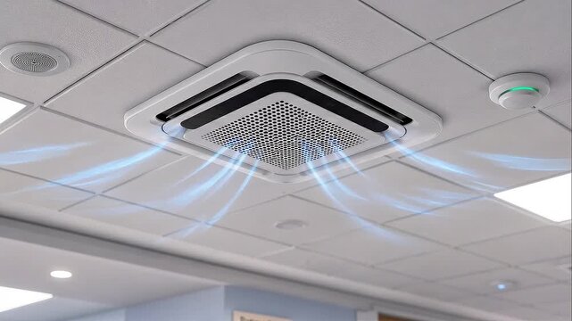 Modern ceiling air vent dispersing cool airflow and ventilation healthy building hvac diffuser circulating air clinical commercial interior clean