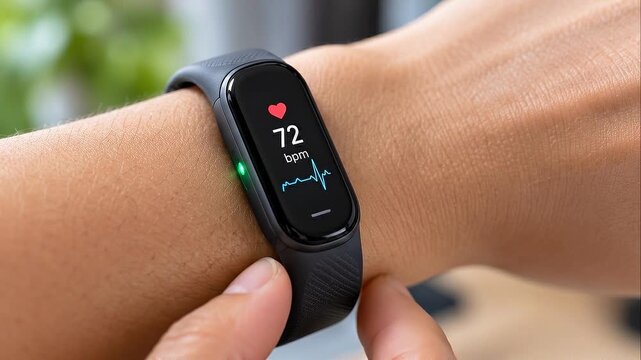 Low power wearable sensor fitness tracker measures heart rate 72 bpm pulse waveform wrist with finger interaction close up showing person adjusting