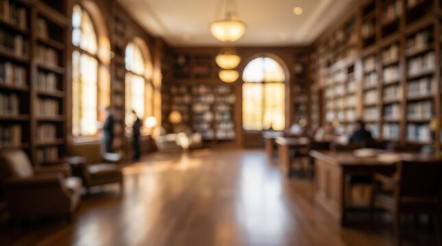 Blurred library interior bookshelf wooden floor study room education background knowledge learning university research workspace academic library