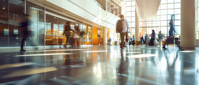 Wide angle view of people walking through a modern fitness center interior with gym equipment, active lifestyle atmosphere and contemporary architectural design.