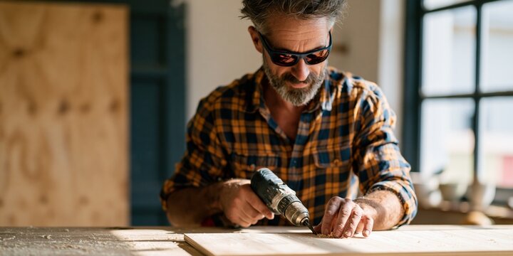Man using electric drill on wood plank