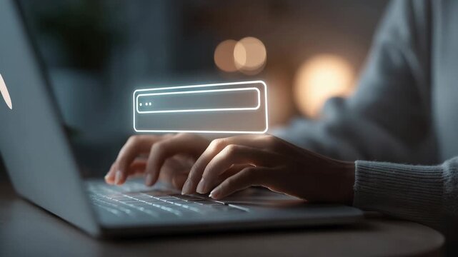 Hands are seen typing on a laptop, interacting through an on-screen chat tool. The setting is dark with soft background lights.