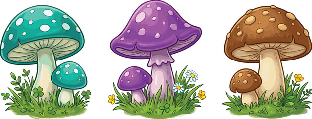 Colorful Cartoon Mushroom Icon Set Featuring Magic Toadstools and Forest Fungi Elements in Grass for Fairytale Nature Illustrations and Fantasy Graphic Designs © Nayem