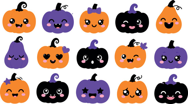 Cute cartoon pumpkins and gourds for halloween