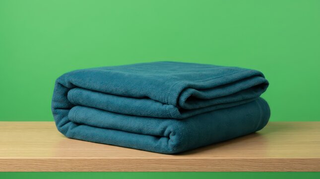 Cozy Soft Blue Fleece Blanket Neatly Folded on Wooden Shelf Against a Vibrant Green Background