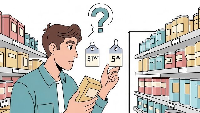 Young man in store aisle comparing prices of two products with question mark.