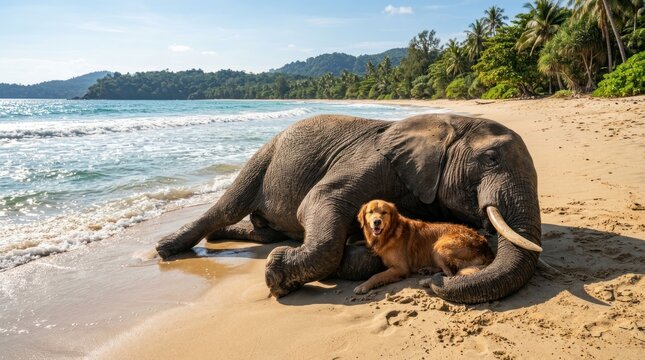 Elephant and Dog Resting Together on a Tropical Beach 1.