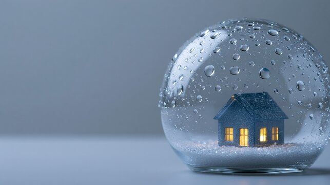 Miniature house inside water droplet globe