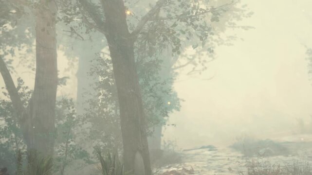 A fog settles over a forest path as trees stand quietly on either side. Soft light filters through the mist, creating a subtle glow. The scene is calm and inviting for early walkers.