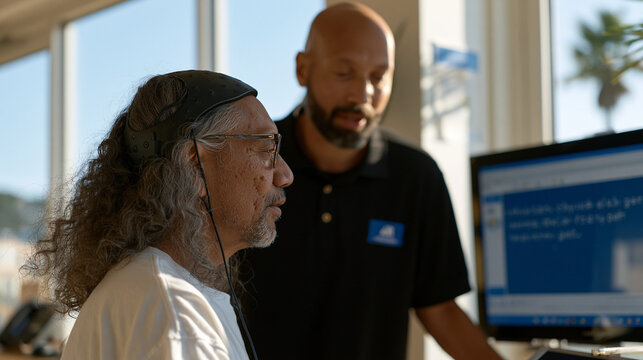 Maori assistive technology specialist assists a physically disabled user in calibrating a brain-computer interface typing system, the user wearing a sleek electrode headset while