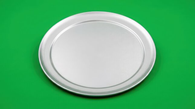 Top view of empty round silver metal tray isolated on green screen background for food presentation