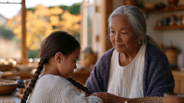 Filipino grandmother teaching granddaughter to braid at kitchen table, sunlight through open window, autumn garden visible outside, intergenerational connection for family
