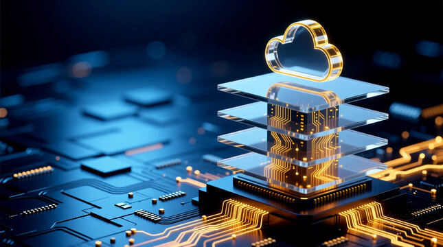 Glowing golden glass cloud server icon shining on multilayered platform of digital motherboard for enterprise computing future concept illustration 3D render