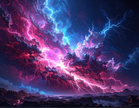 Cosmic storm of pink and blue lightning crackling across a dark, rugged landscape