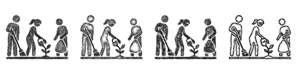 Fototapeta premium Black and white sketch community service icon design set